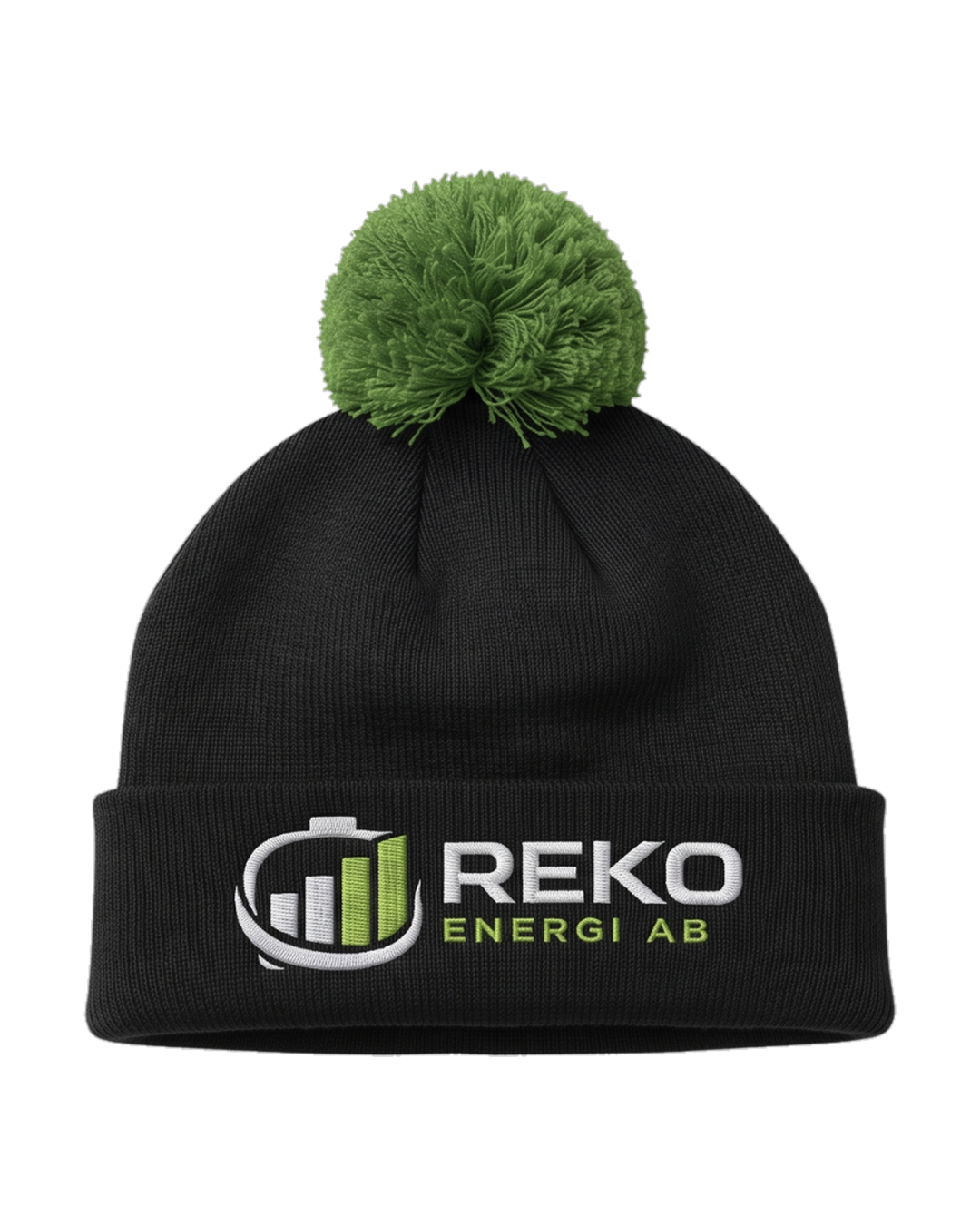 REKO beanie — black with green pom-pom
