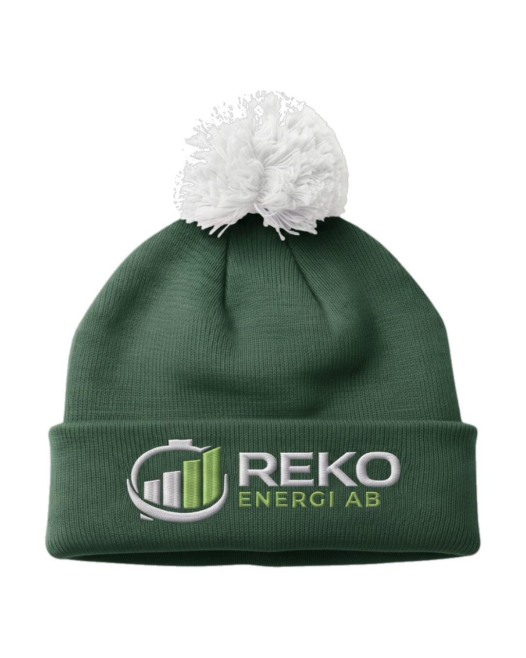 REKO beanie — green with white pom-pom