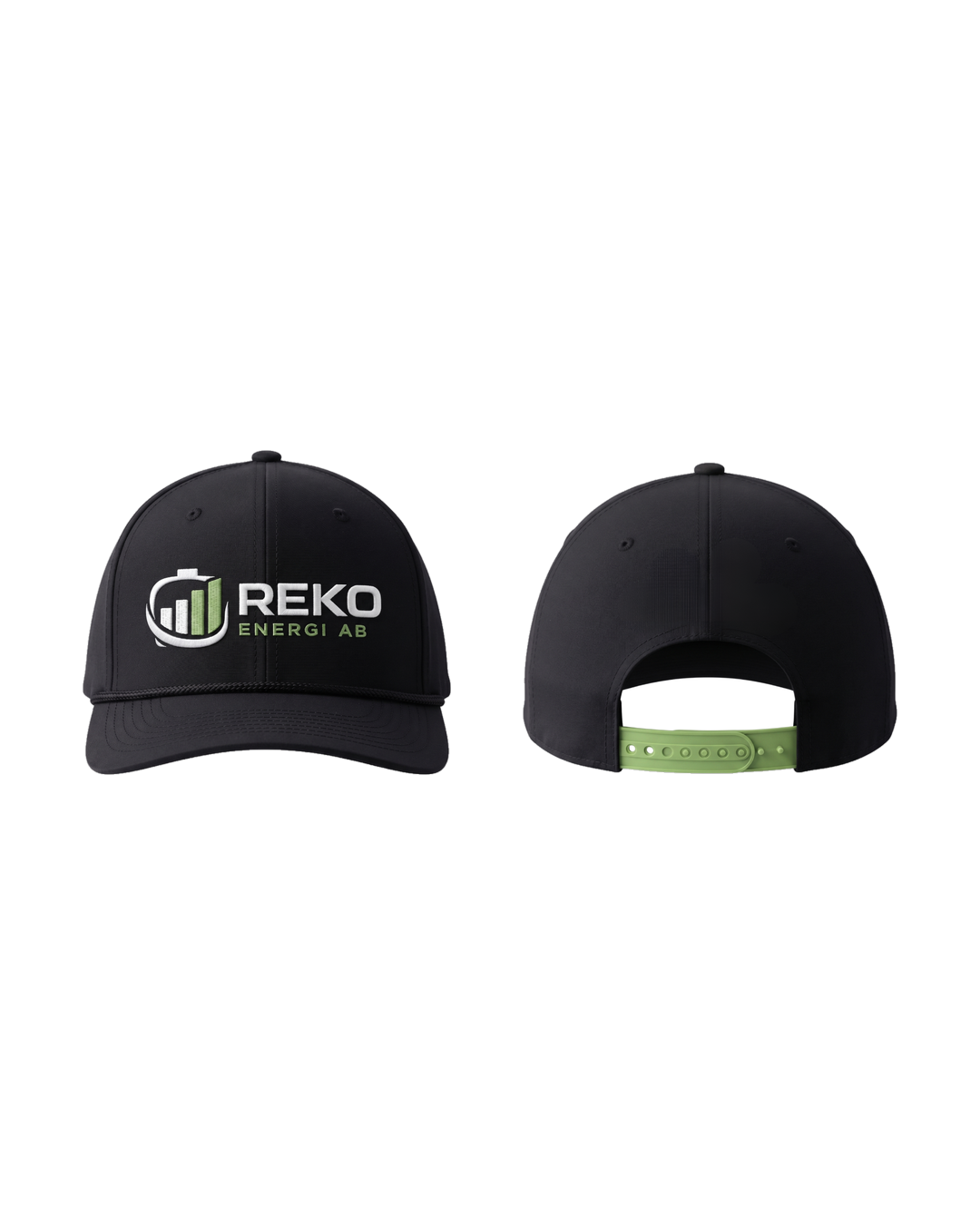 REKO cap — front and back, green contrast strap