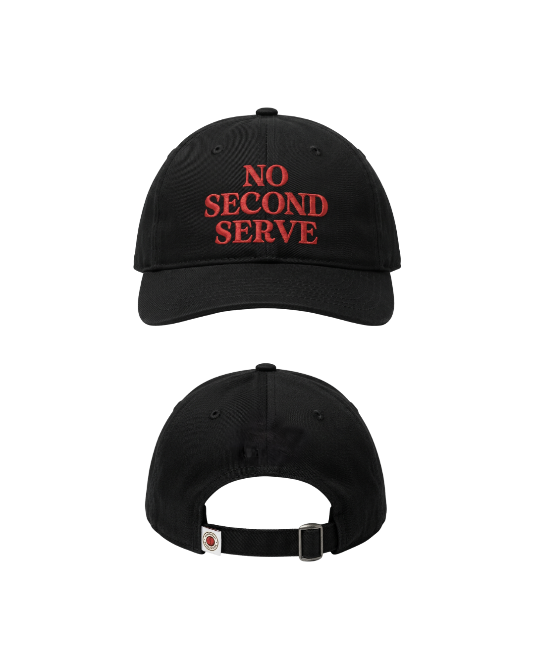 NO SECOND SERVE cap — front and back embroidery